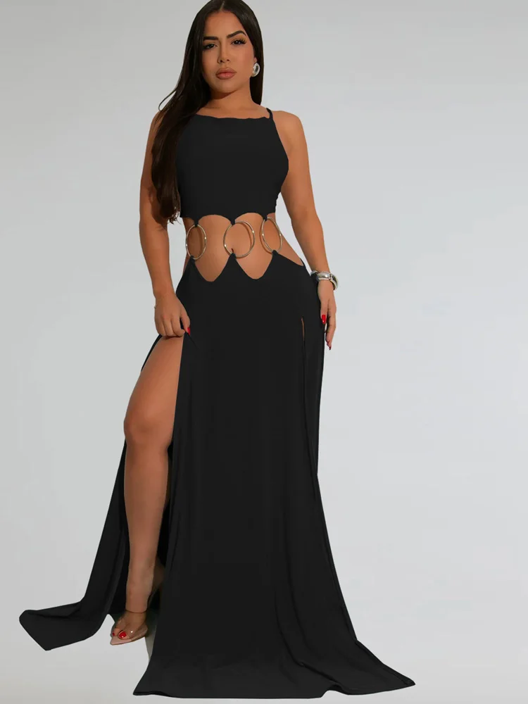 Black Hollow-Out O-Ring Metal Maxi Dress