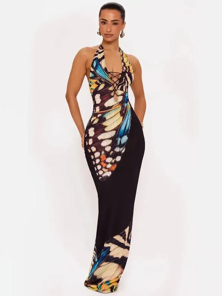 Black Butterfly Print Halter Maxi Dress