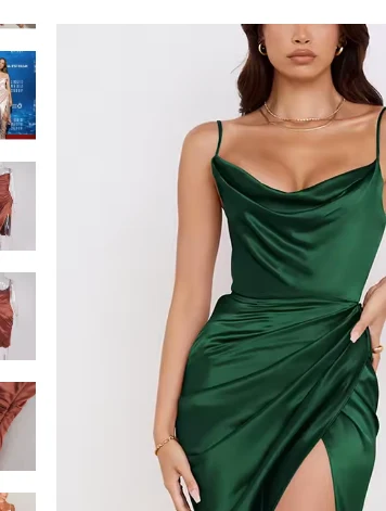 Model wearing a dark green satin cowl neck midi dress with a thigh-high split