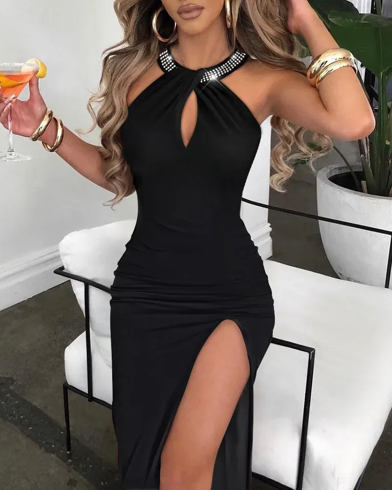 Black Diamond Studded Halter Maxi Dress