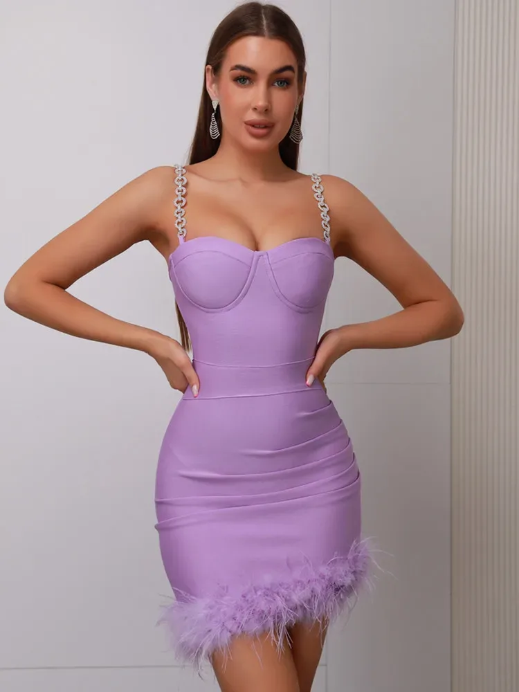 Lavender Feather-Trim Bandage Mini Dress