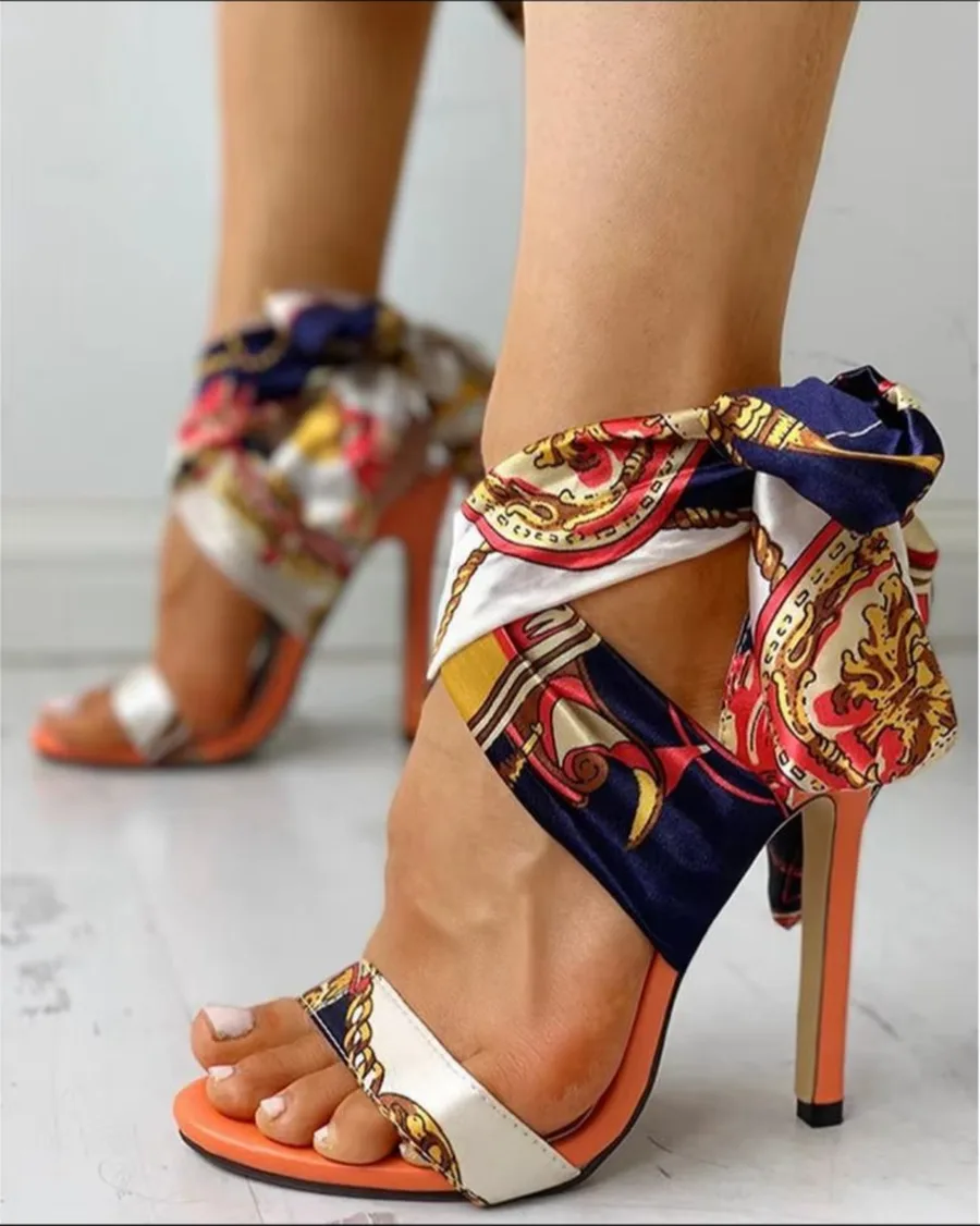 Multicolor Floral Floral Scarf-Tie Stiletto Sandals