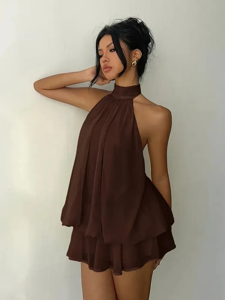 Brown Halter Backless Tie Mini Dress