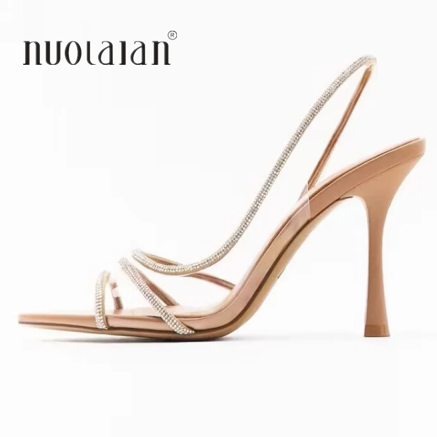 Nude Rhinestone-Strap Slingback Heels