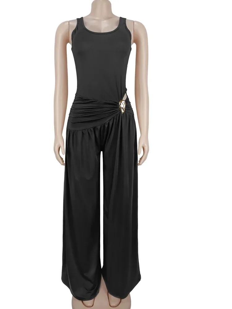 Black Ruched Wide-Leg Jumpsuit