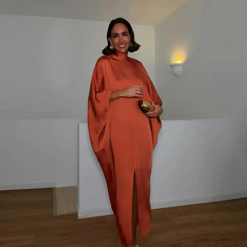 Orange Satin Evening Maxi Dress