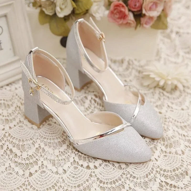 Silver Glitter Block-Heel Sandals