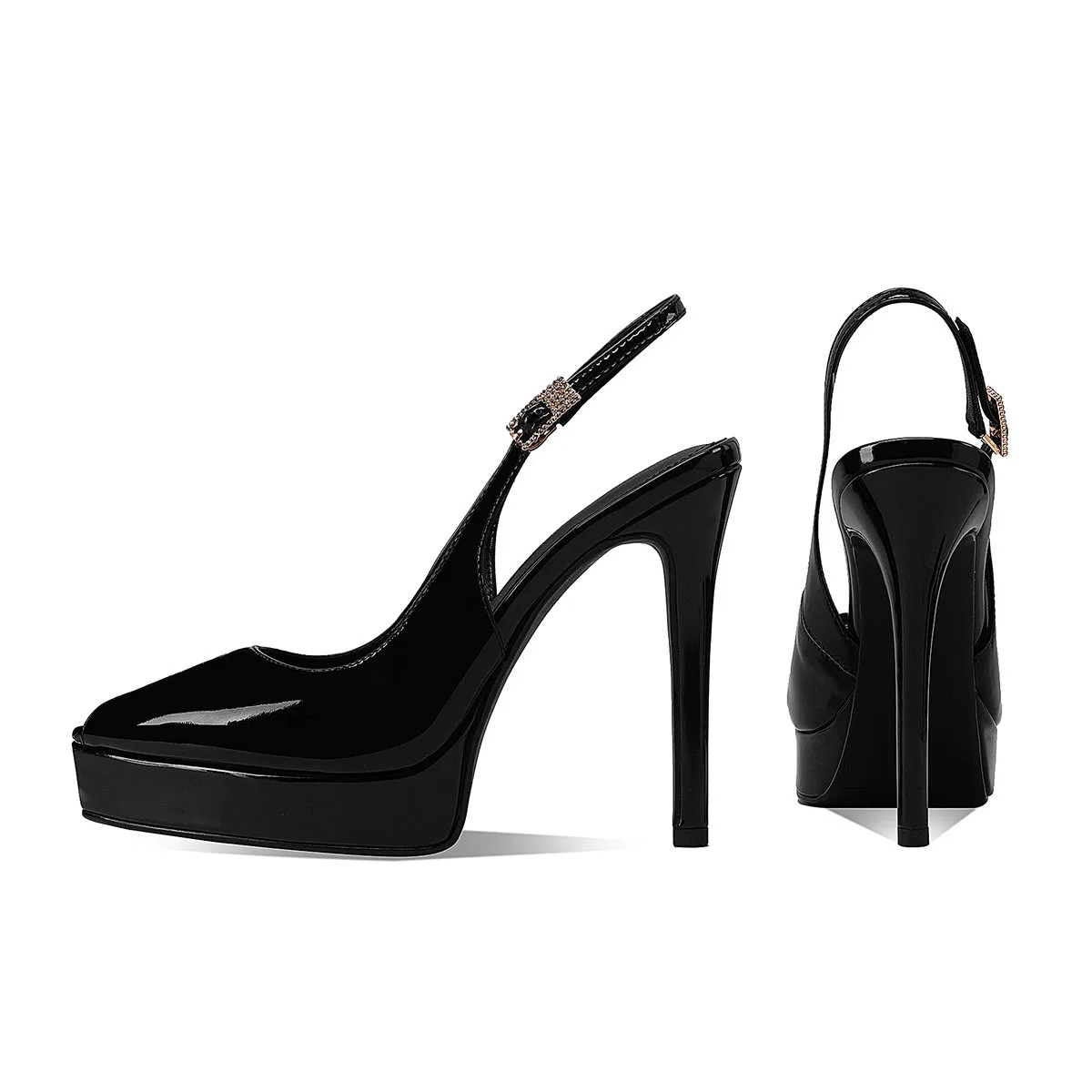 Black peep-toe platform pumps