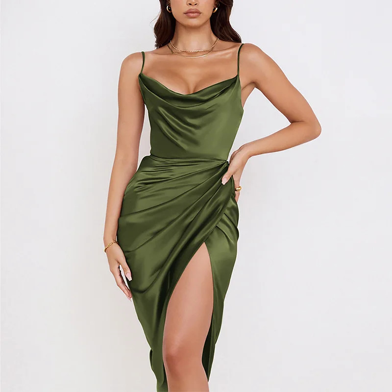 Liquid satin cowl-back midi dress