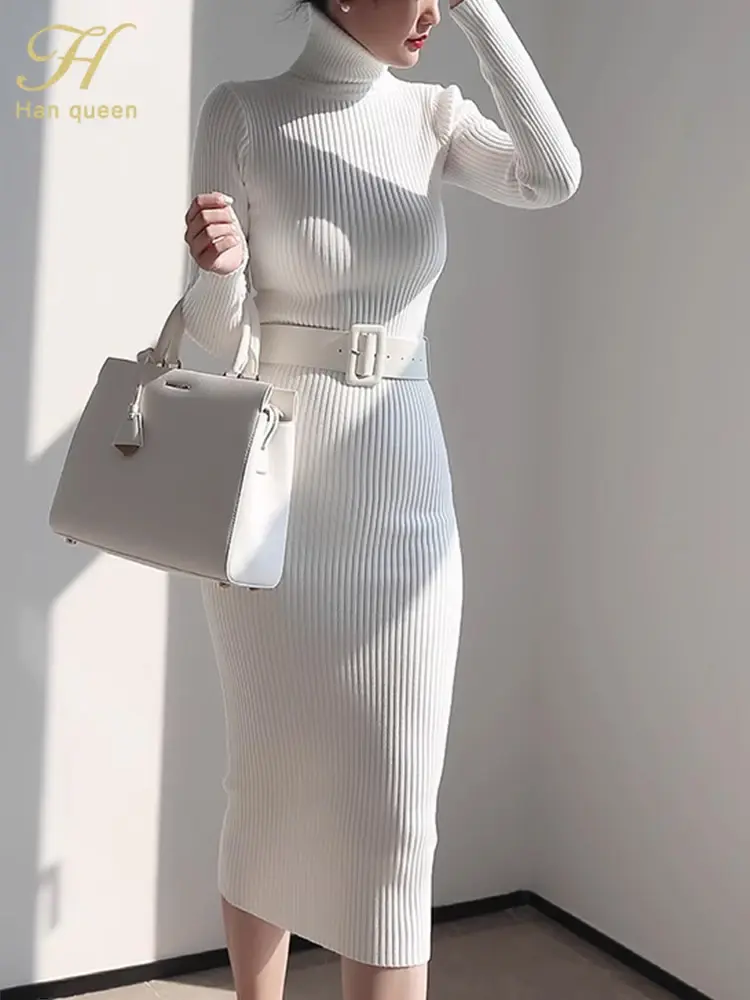 White belted Turtleneck Knit Midi dress